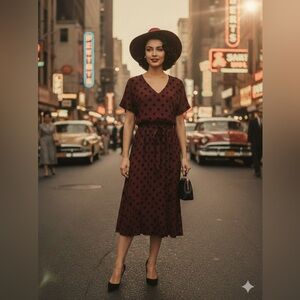 Mango Burgundy Black Polka Dot Mod Pinup Retro Button Maxi Dress Size 8 New!